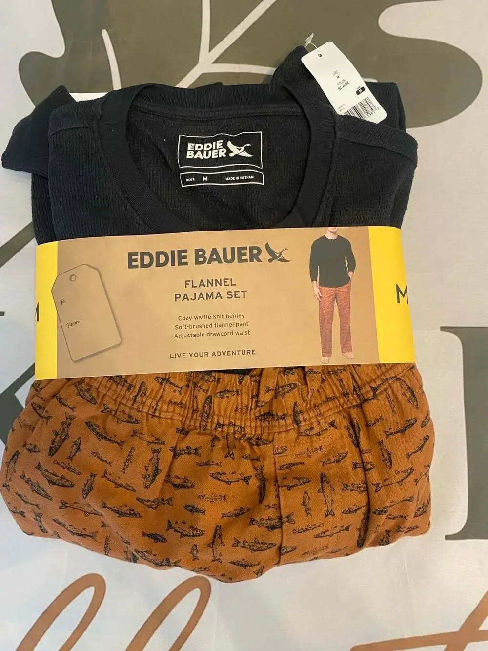 Eddie Bauer Men's 2-Piece Flannel Pajama Set with Waffle Knit Henley and Fish Pr